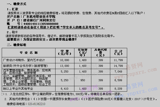 2017级广东机电职业技术学院新生入学缴费须知(未收到银行卡)